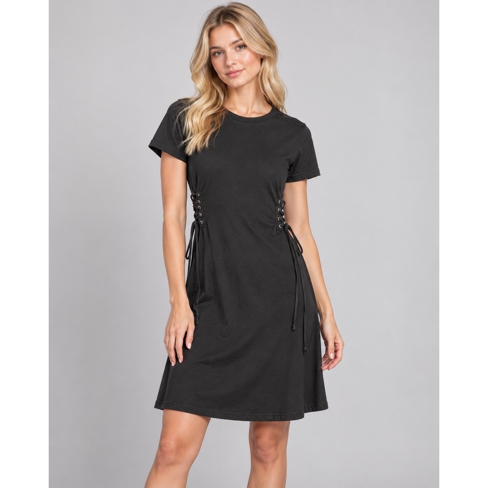 AQUA Black Short Sleeve Lace Up Side T-Shirt Dress Mini Cotton Small Boho